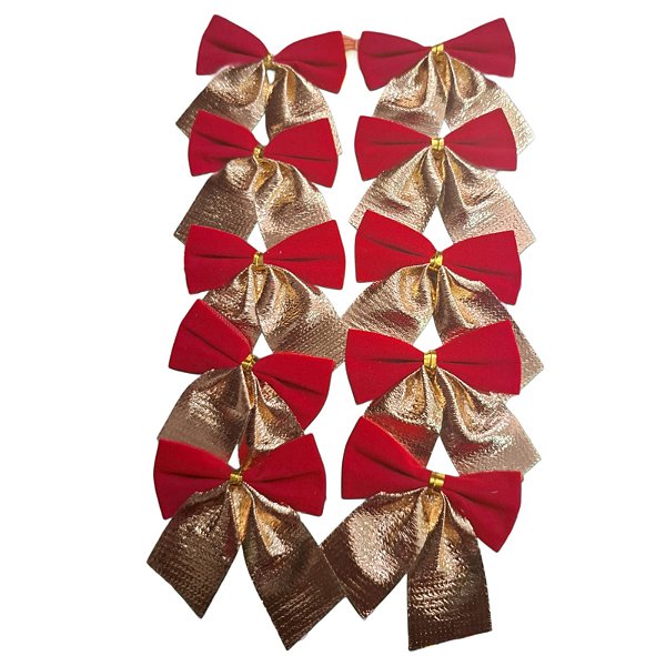 Enfeites 10 Laços Dourado Com Vermelho Arvore Natal Festa