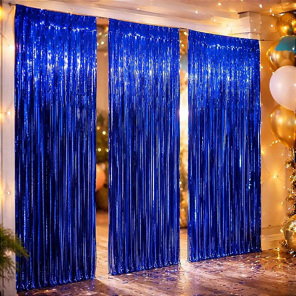 Cortina Metalizada Decoração Fitas Azul 1x2m Festa