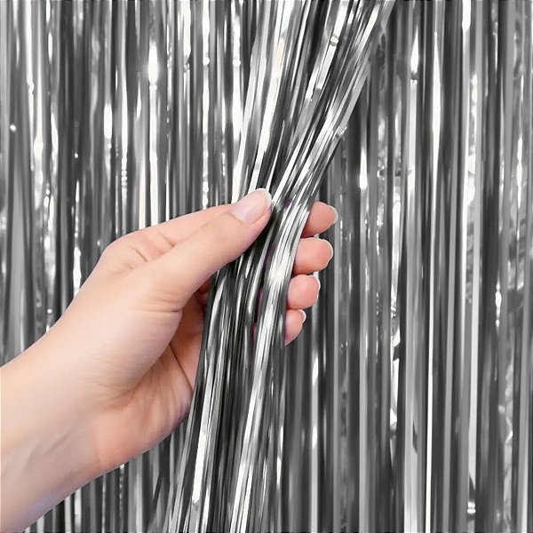 Cortina Metalizada Decoração Fitas Prateado 1x2m Festa