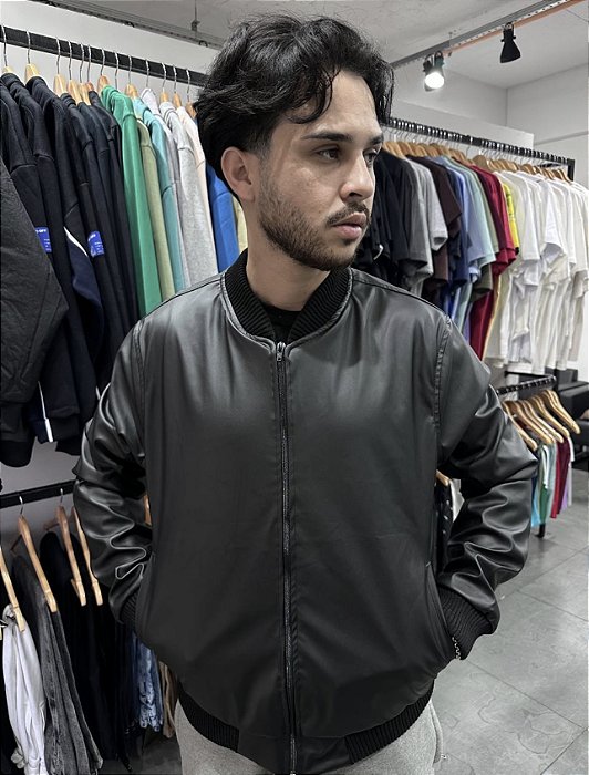 Jaqueta Bomber Basic Black Couro