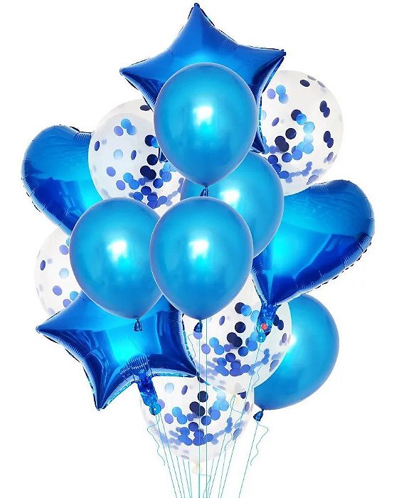 Balão Bexiga Metalizado 10 Peças Estrela Coração Azul