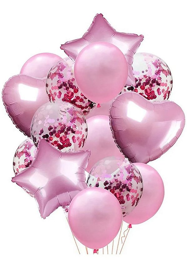 Balão Bexiga Metalizado 10 Peças Estrela Coração Rosa Claro