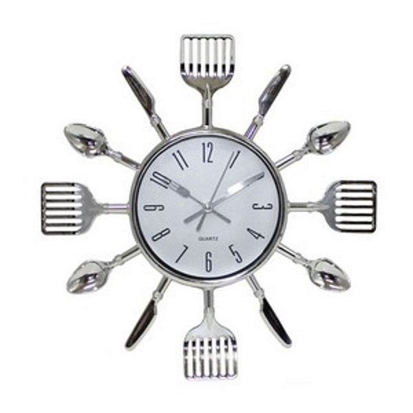 Relógio Parede P/ Cozinha Formato Talheres Quartz Prata