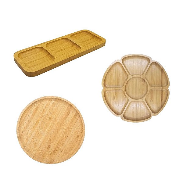 Kit 3 Petisqueiras Bambu: Retangular, Decorada E Bandeja