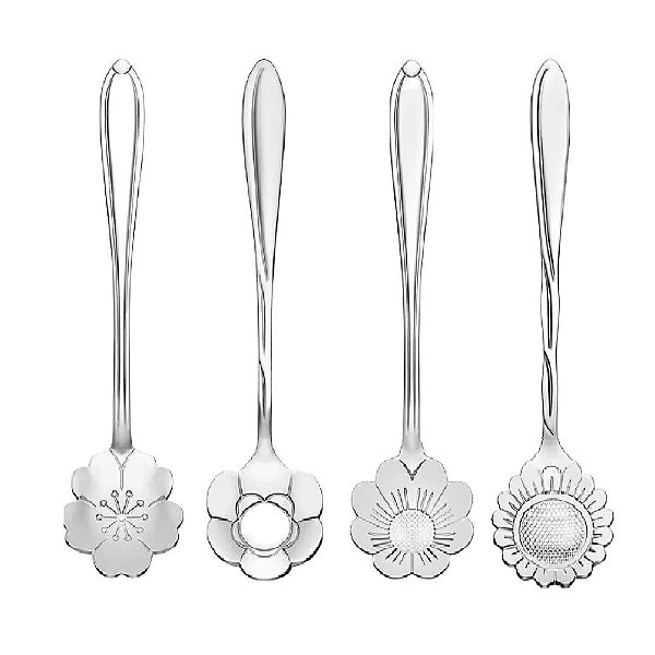 Kit 4 Colheres De Flores Prata Aço Inox Para Chá E Café