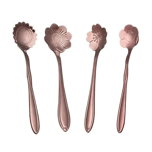 Kit 4 Colheres De Flores Rose Gold Aço Inox Para Chá E Café