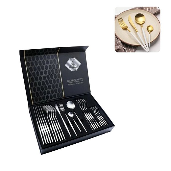 Conjunto de Talheres de Luxo 24 Peças Alto Padrão Faqueiro C/ Caixa Branco