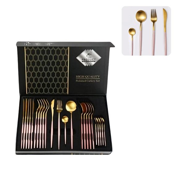 Conjunto de Talheres de Luxo 24 Peças Alto Padrão Faqueiro C/ Caixa Rosa