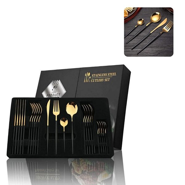 Conjunto de Talheres de Luxo 24 Peças Alto Padrão Faqueiro C/ Caixa Preto
