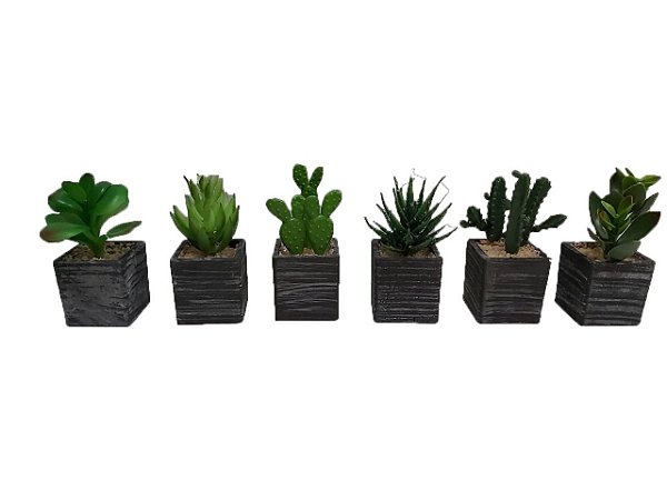 Kit 3 Plantas Mini Suculentas Artificiais Vaso Preto