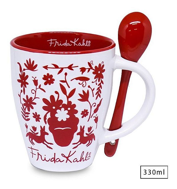 Caneca Porcelana 330ml Frida Kahlo Com Colher Face Urban