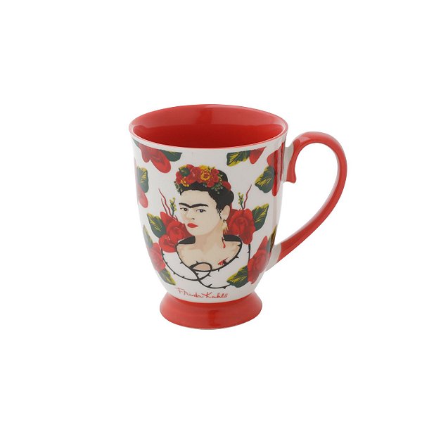 Caneca Porcelana Rococó Frida Kahlo Face Red Roses
