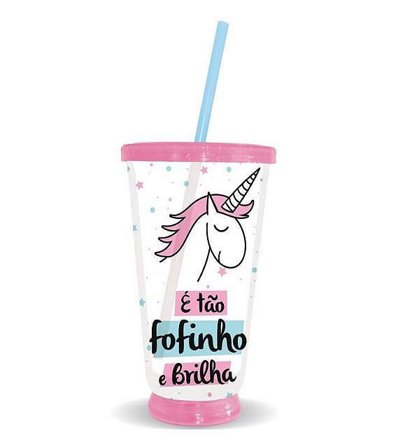 Copo Unicornio Fofinho Que Acende E Pisca 500ml C/ Canudo