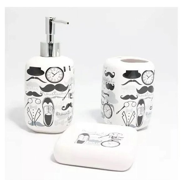 Conjunto Porta Sabonete E Escova Para Banheiro E Lavabo - Mustache Bigode
