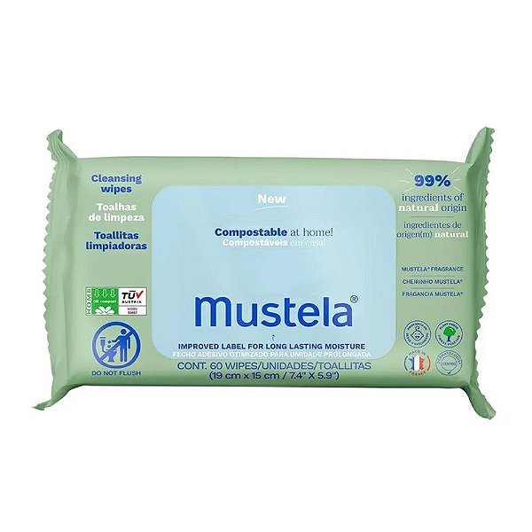 Lenços Umedecidos Mustela Bebê Compostáveis Vegano à Base de Água Com Fragrância