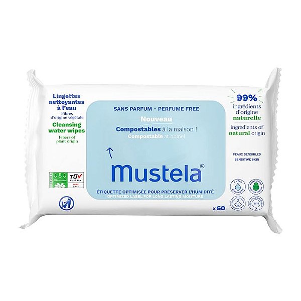 Lenços Umedecidos Mustela Bebê Compostáveis Vegano à Base de Água Sem Fragrância