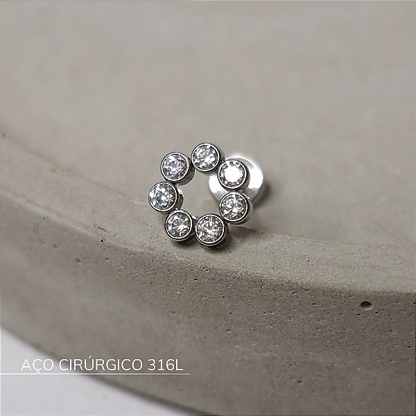 Labret redondo 7 zircônias - Aço Cirúrgico 316L