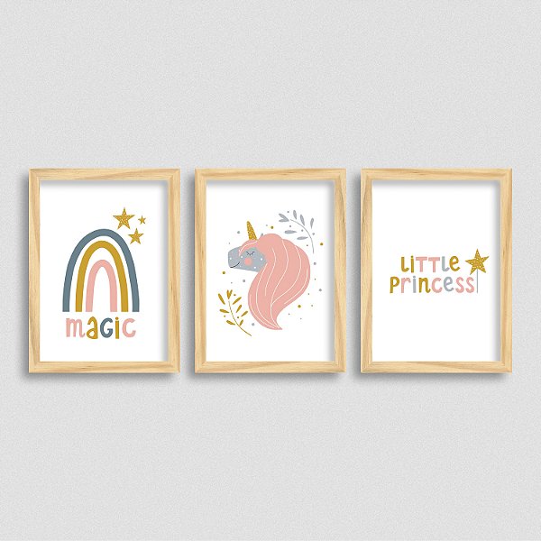 Quadro Decorativo Quarto de Menina - Magic Arco-Íris Unicórnio Little Princess