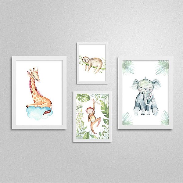 Kit Quadros Bichinhos Fofinhos - Girafa - Macaco - Preguiça - Elefante