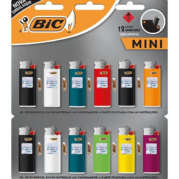 Cartela Isqueiro Bic Mini Chama 12 unidades