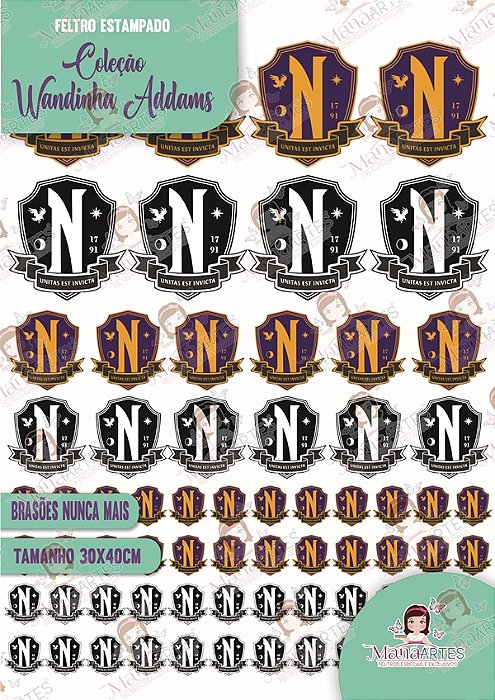 COLEÇÃO FELTRO ESTAMPADO - WANDINHA ADDAMS/ BRASÃO ESCOLA NUNCA MAIS