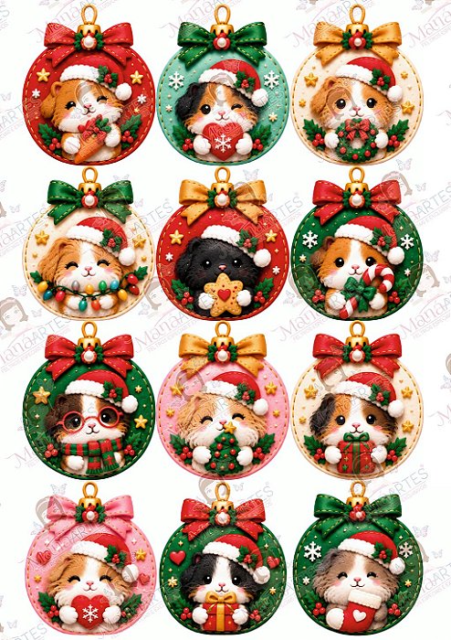 Painel de Feltro Estampado Bolas de Natal Porquinho da Índia – Coleção Aconchego