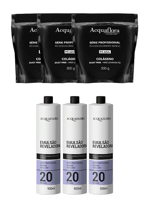 Kit: 03 Água Oxigenadas 20 Vol 900ML + 03 Pó Descolorantes 300G Acquaflora
