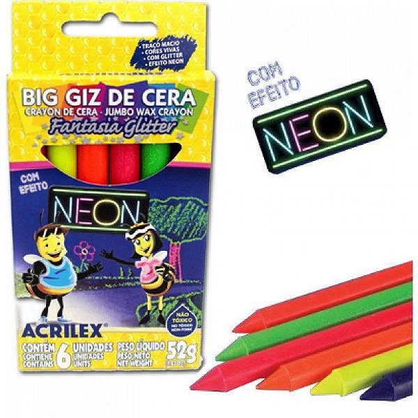 Big Giz De Cera C/6 Cores Neon Glitter - Acrilex
