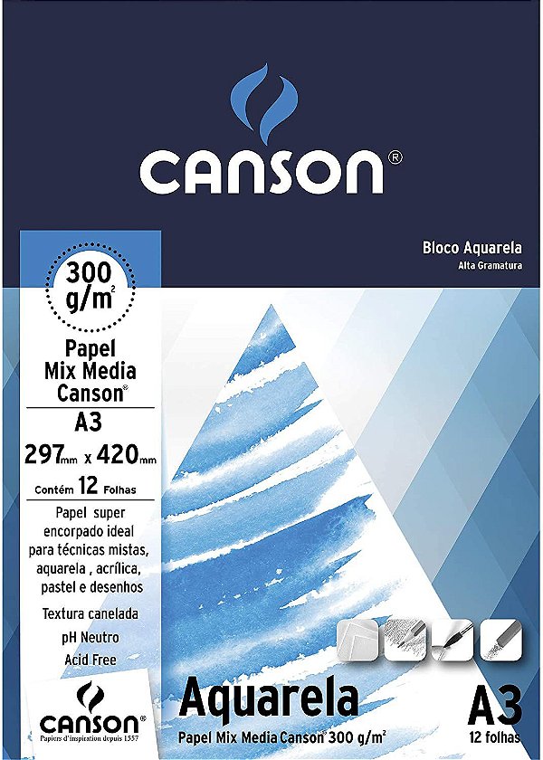 Bloco A3 Mix Media 300g C/12f Aquarela - Canson