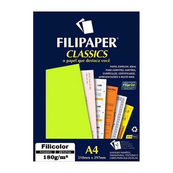 Papel A4 180g 50f Filicolor Amarelo - Filipaper