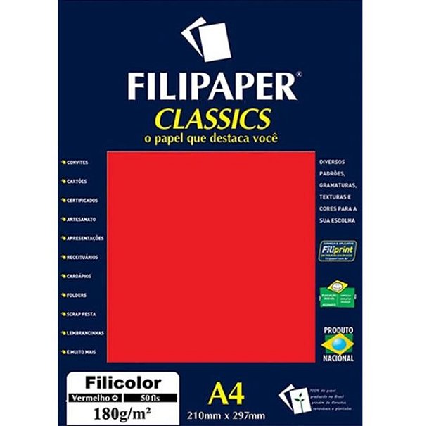 Papel A4 180g 50f Filicolor Vermelho - Filipaper