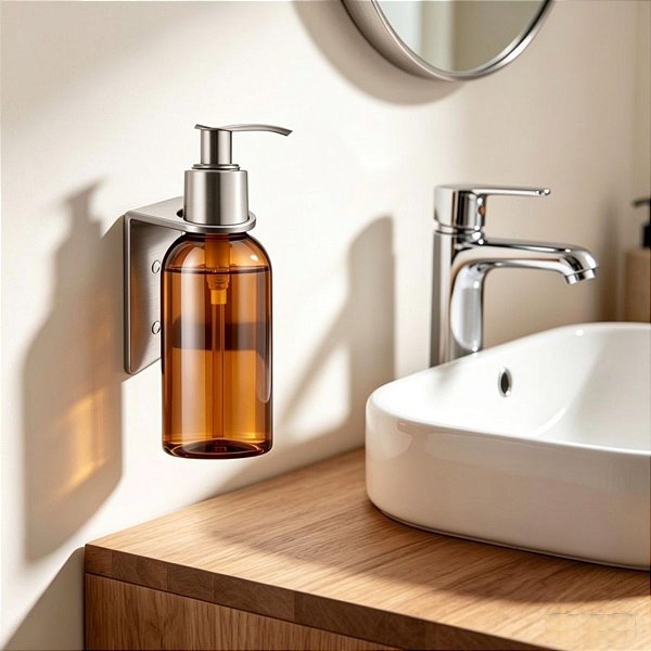 Suporte Agata Em Aço Inox Dispensador De Frasco Líquido Para Banheiro, Pia, Box e Lavabo Acessório Grego Metal