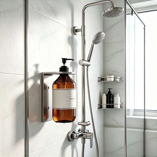 Suporte Agata Em Aço Inox Dispensador De Frasco Líquido Para Banheiro, Pia, Box e Lavabo Acessório Grego Metal