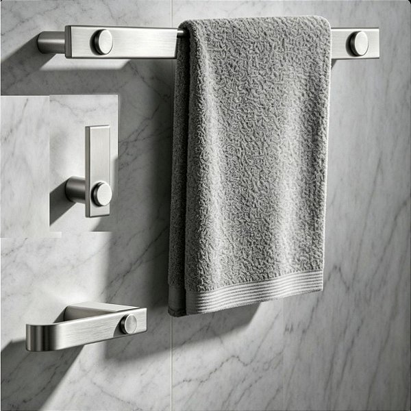 Kit De Acessórios Para Banheiro Patmos Aço Inox Prata Escovado Pia, Box e Lavabo Grego Metal