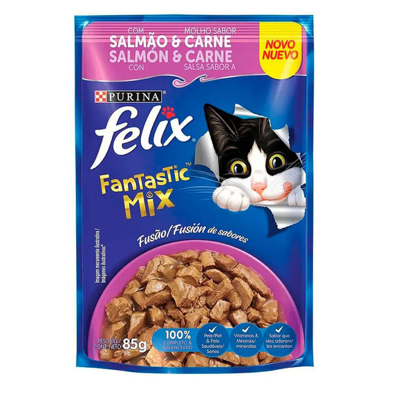 Ração Úmida Félix Gatos Adultos Fantastic Mix Salmão e Carne 85 g