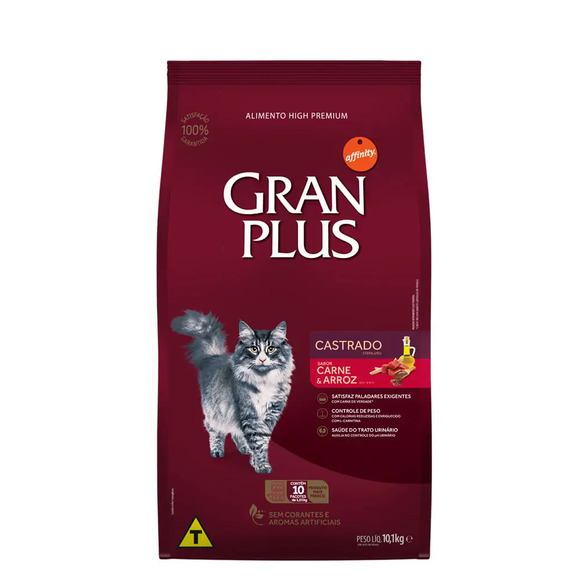 Ração Gran Plus Menu Gatos Adultos Castrados Carne e Arroz 10,1 kg pac. indiv de 1 kg