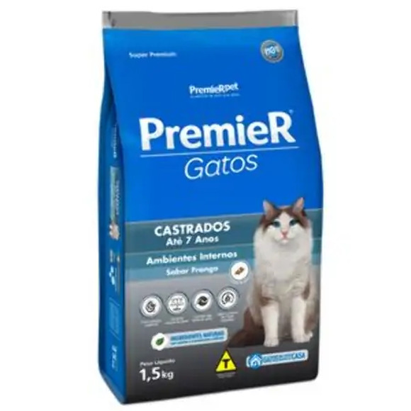 Ração Premier Ambientes Internos Gatos Castrados Até 7 anos Frango 1,5 kg