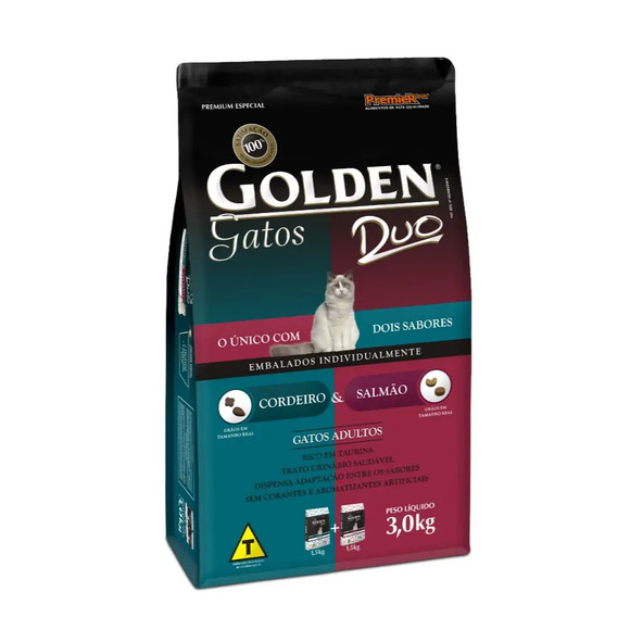 Ração Golden Gatos Duo Adultos Cordeiro e Salmão 3 kg