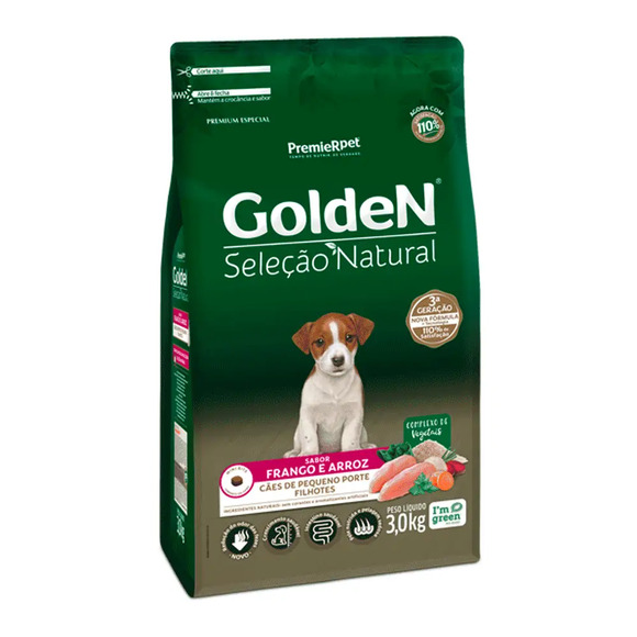 Ração Golden Seleção Natural Cães Filhotes Porte Pequeno Frango e Arroz Mini Bits 3 kg