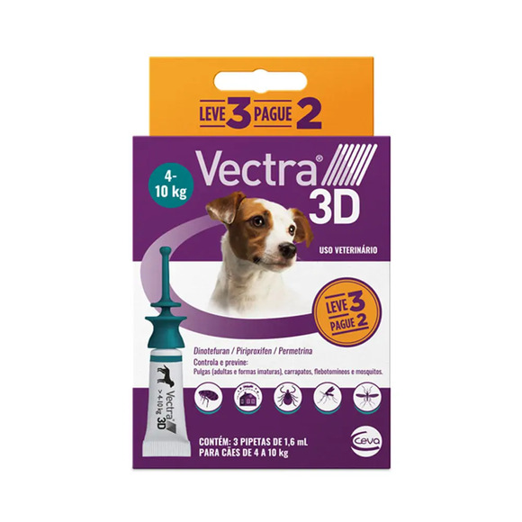 Antipulgas Vectra 3D Cães 4 a 10 kg Ceva 1,6 ml Leve 3 Pague 2 3 pipetas