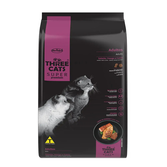 Ração Three Cats Adultos Salmão, Frango e Carne 500 g