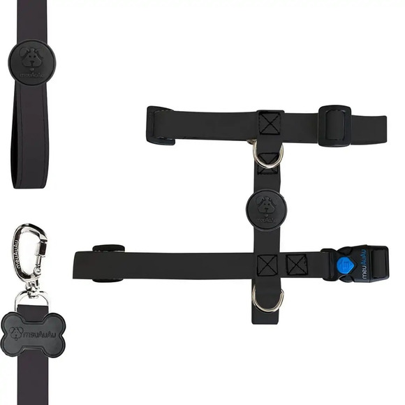 Kit H Para Cachorro Meuauau Black - Peitoral + Guia M