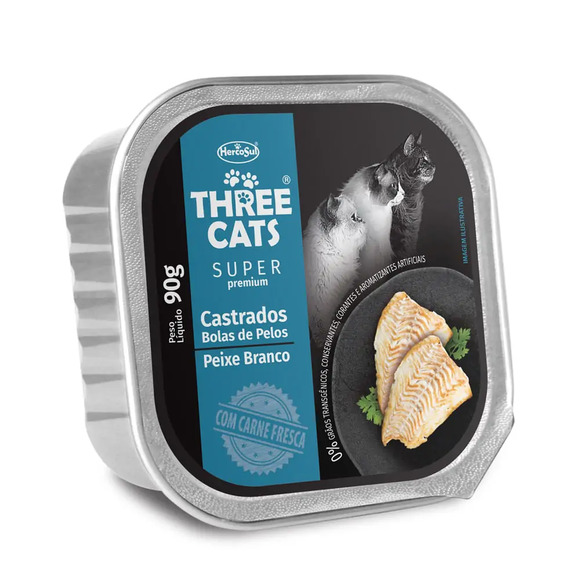 Ração Úmida Three Cats Patê Castrados Bola de Pelo Peixe Branco 90 g