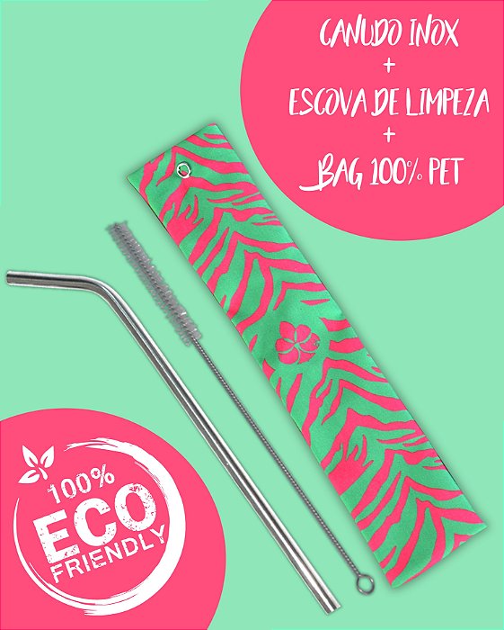 Kit Canudo inox com escova e Bag - Tigre Psicodélico Animal Print