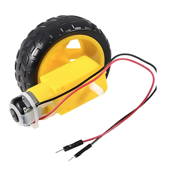 MMOTOR DC 3-6V COM CAIXA DE REDUCAO E EIXO DUPLO + RODA 68MM + JUMPERS SOLDADOS