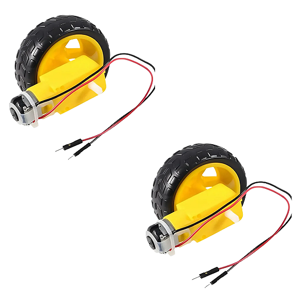 2 MOTOR DC 3-6V COM CAIXA DE REDUCAO E EIXO DUPLO + RODA 68MM + JUMPERS SOLDADOS