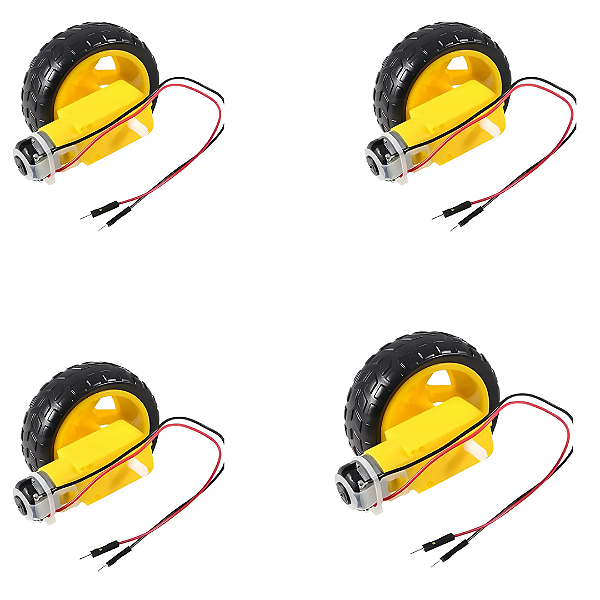 4 MOTOR DC 3-6V COM CAIXA DE REDUCAO E EIXO DUPLO + RODA 68MM + JUMPERS SOLDADOS