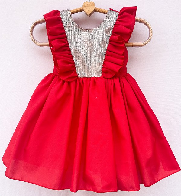 Vestido infantil vermelho com paetê - Modelo babados