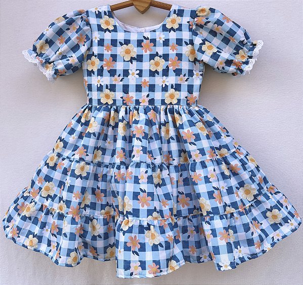 Vestido infantil Coleção de inverno Abraço - Encanto floral com xadrez Azul