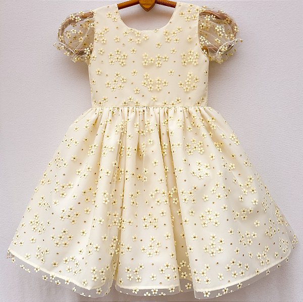 Vestido infantil Coleção Colorê - Magia das flores creme